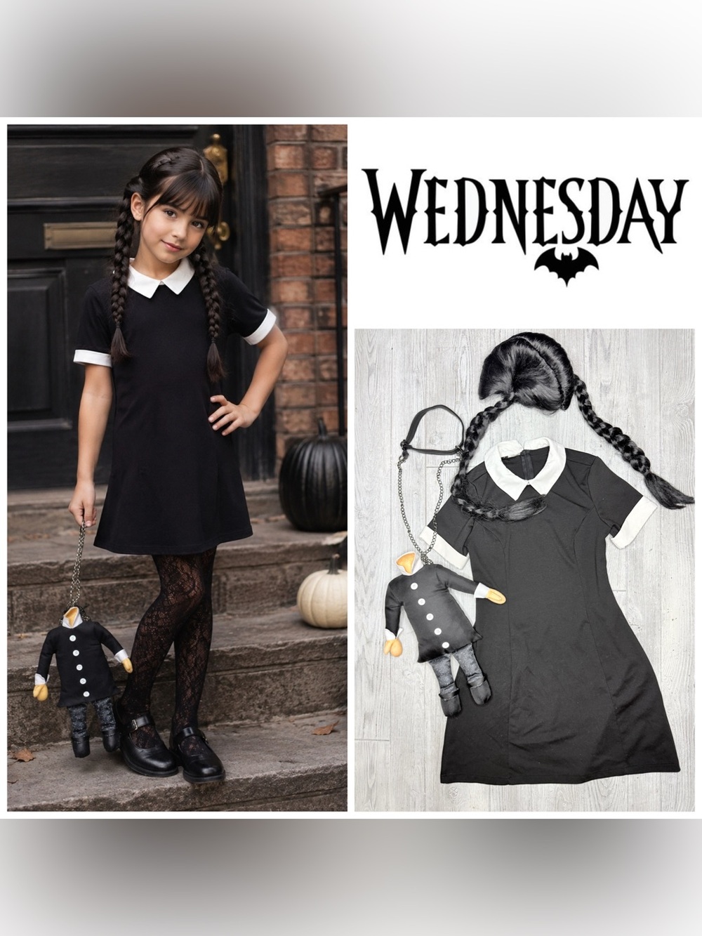 Spirit Halloween Wednesday Addams Halloween costume wig dress and purse s cosply